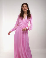 Rose Pink Raglan Slit Sleeve Draped Gown