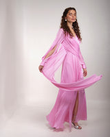 Rose pink raglan slit sleeve draped gown