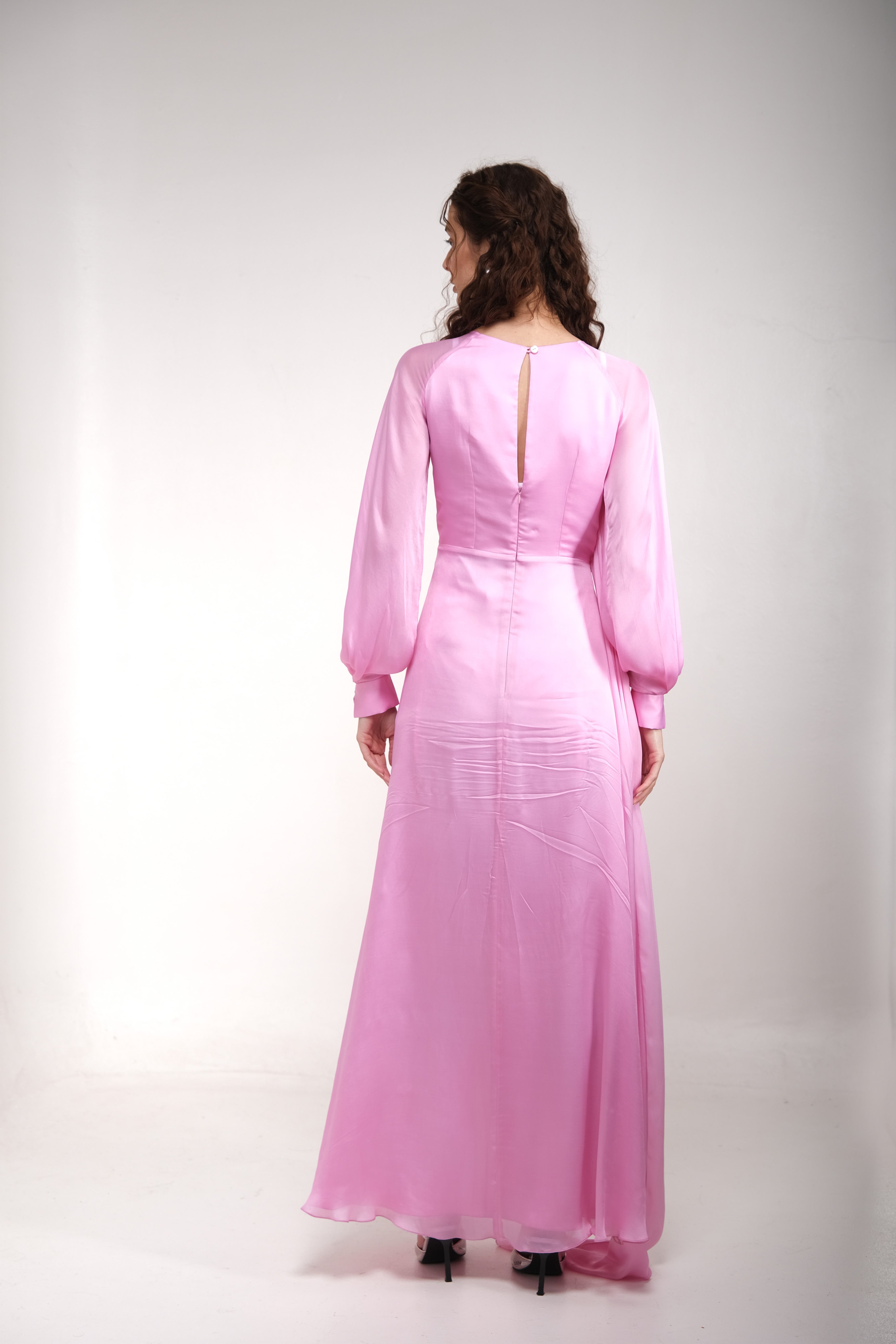 Rose pink raglan slit sleeve draped gown