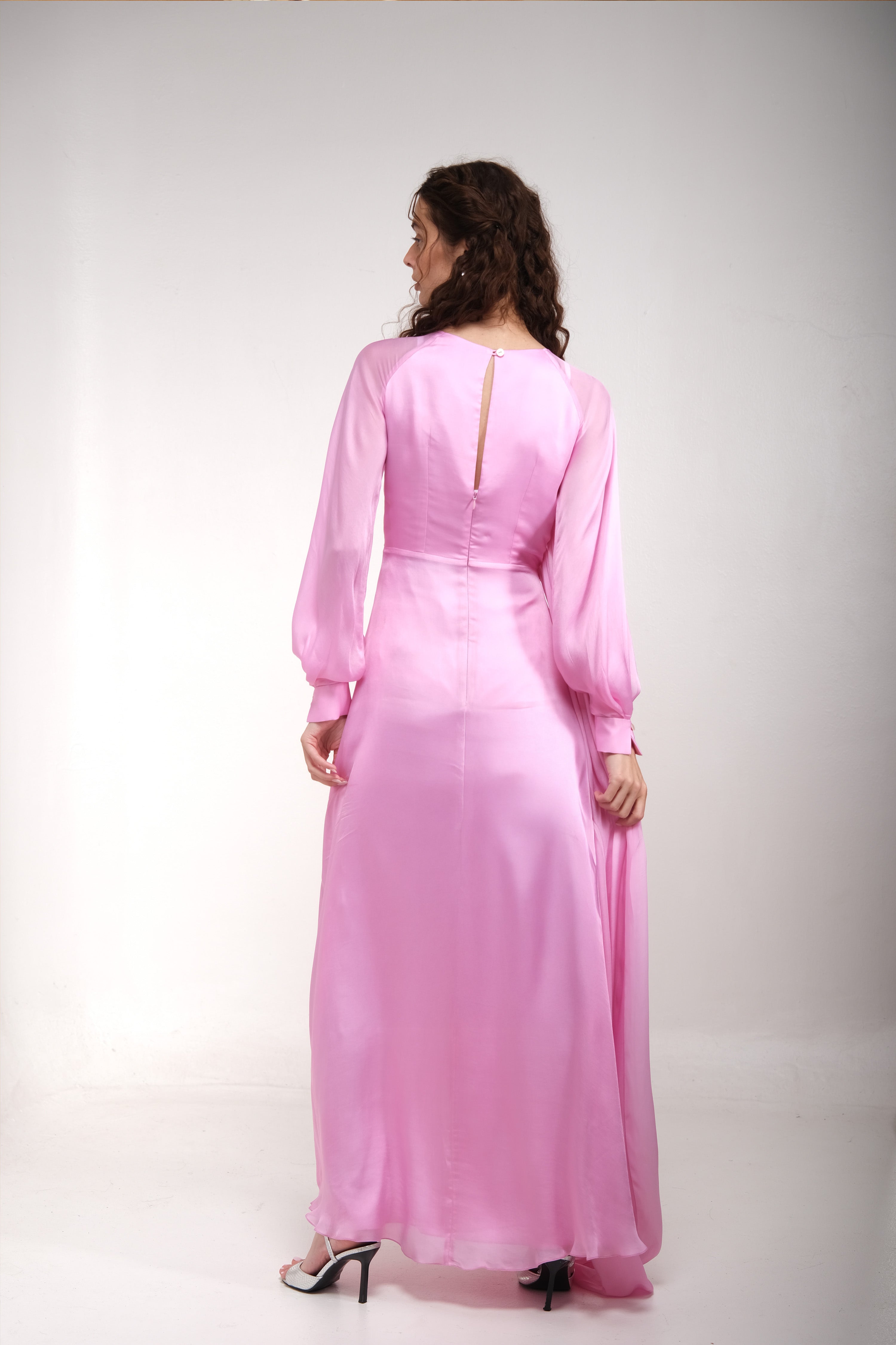 Rose Pink Raglan Slit Sleeve Draped Gown